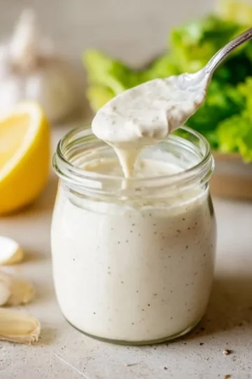 Easy homemade Caesar salad dressing in a bowl with ingredients