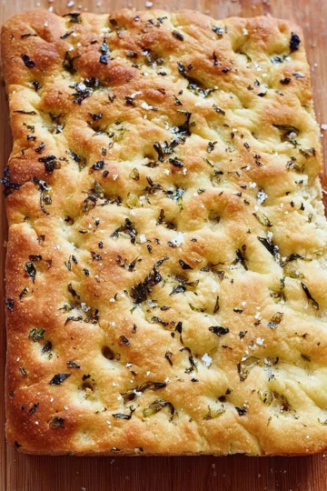 Freshly baked focaccia bread topped with herbs and olive oil