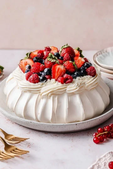 Delicious Red Fruit Pavlova topped with fresh mixed berries
